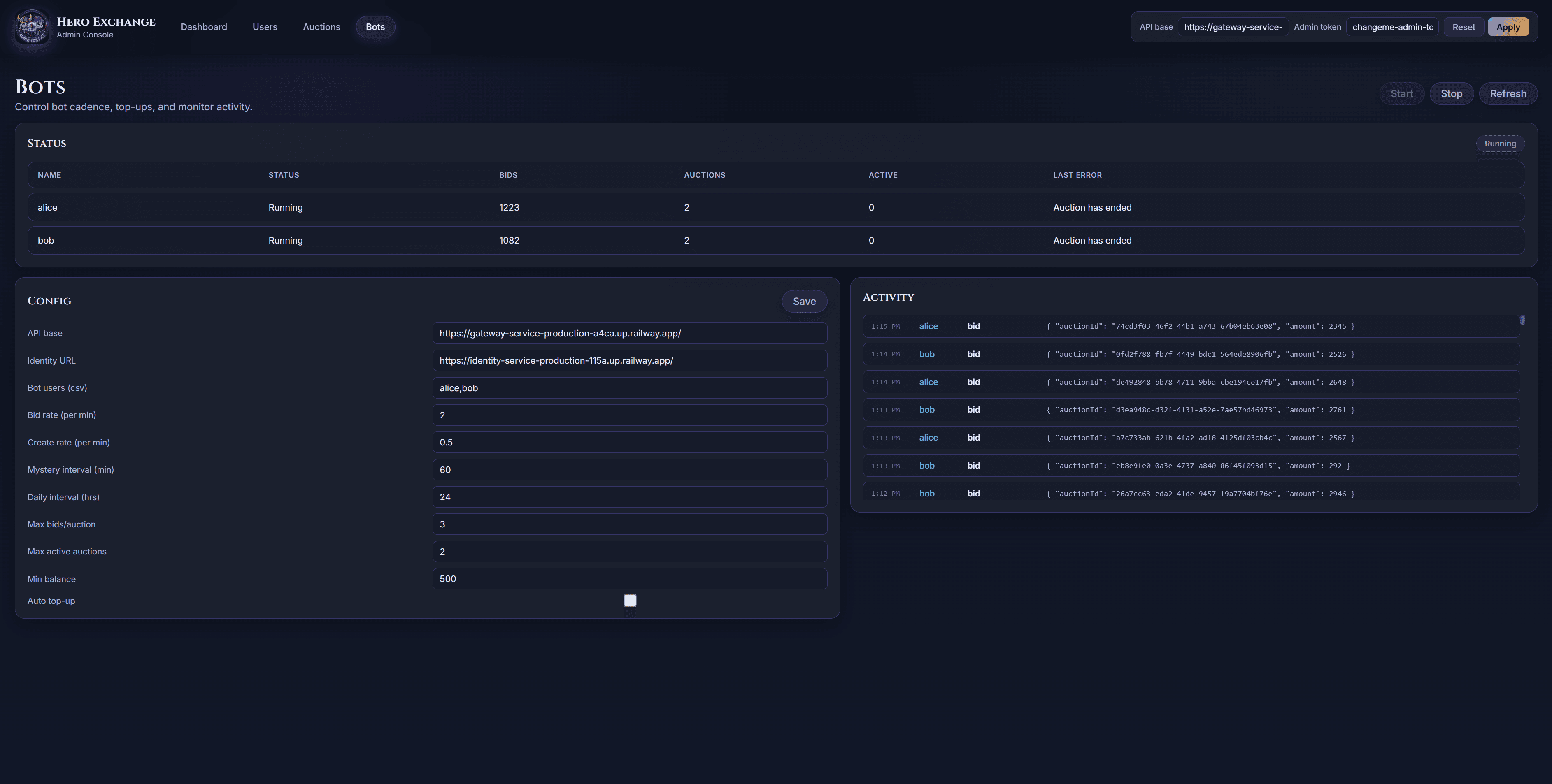 Bots management page with status, config settings (bid rate, mystery interval), and real-time activity feed