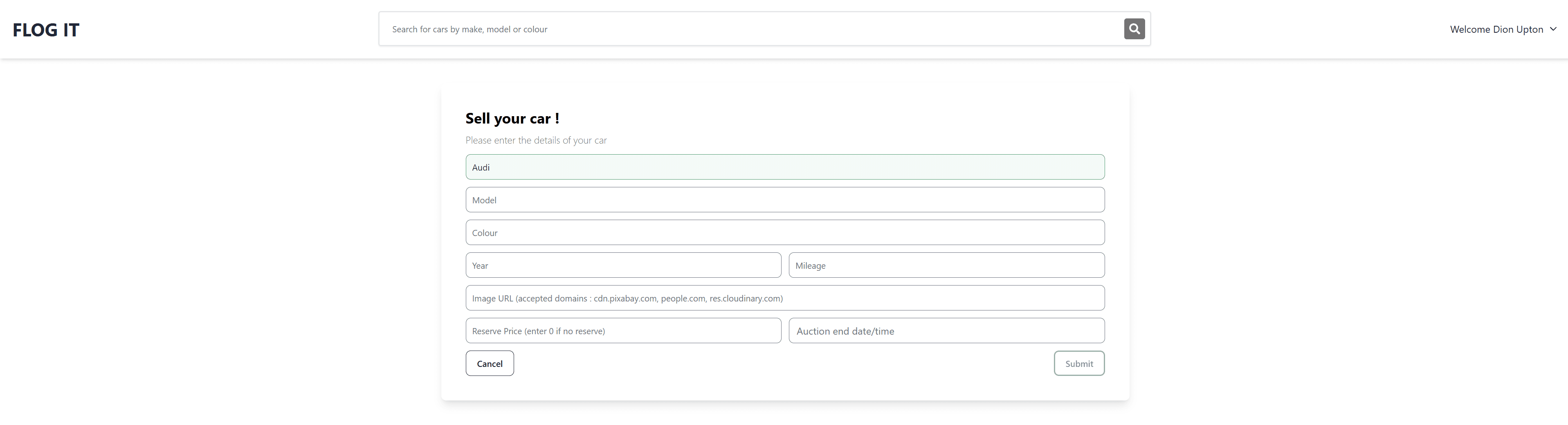 Create auction form with fields for Make, Model, Colour, Year, Mileage, Image URL, Reserve Price, and Auction end date/time