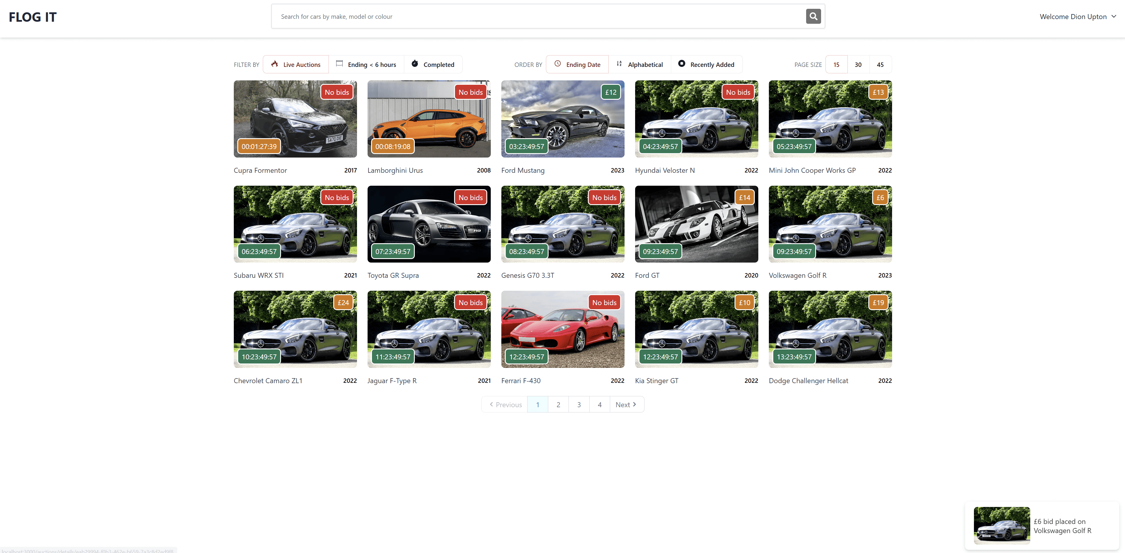 Marketplace grid showing live car auctions with countdown timers, bid amounts, filters (Live/Ending Soon/Completed), and real-time bid notifications
