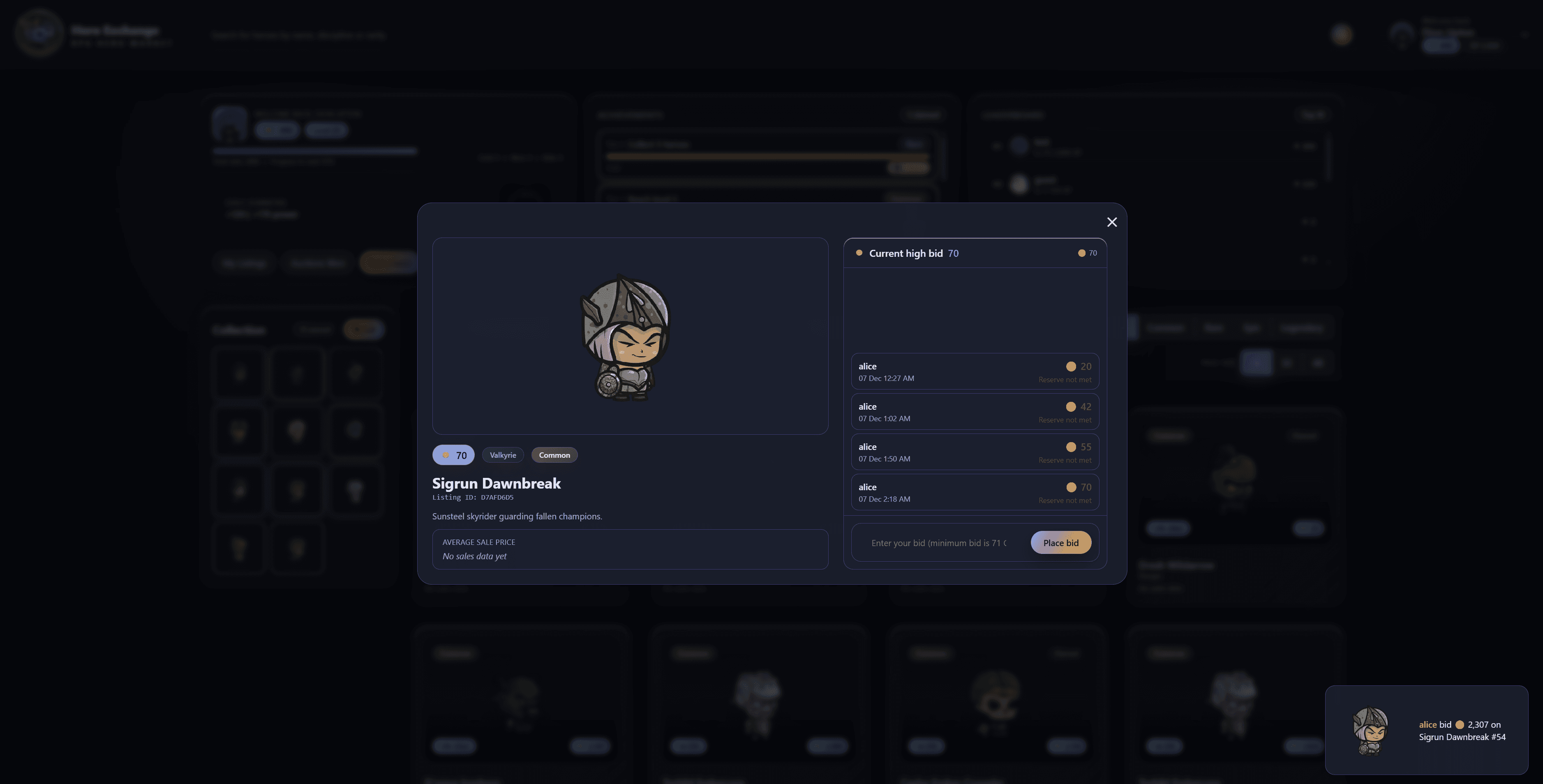Auction bidding modal with hero details, bid history, and place bid form