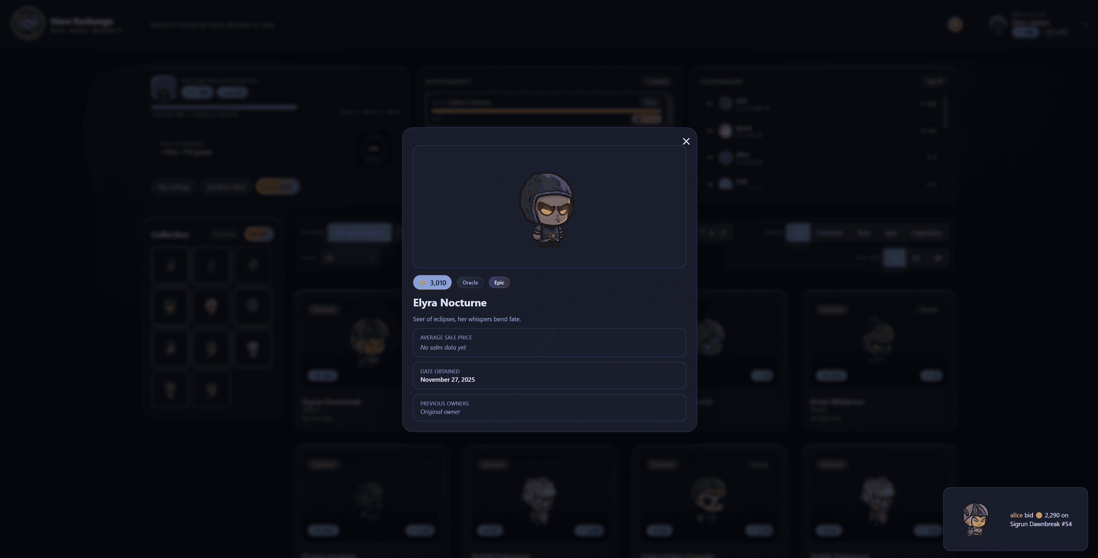 Hero detail modal showing stats, rarity, and ownership history
