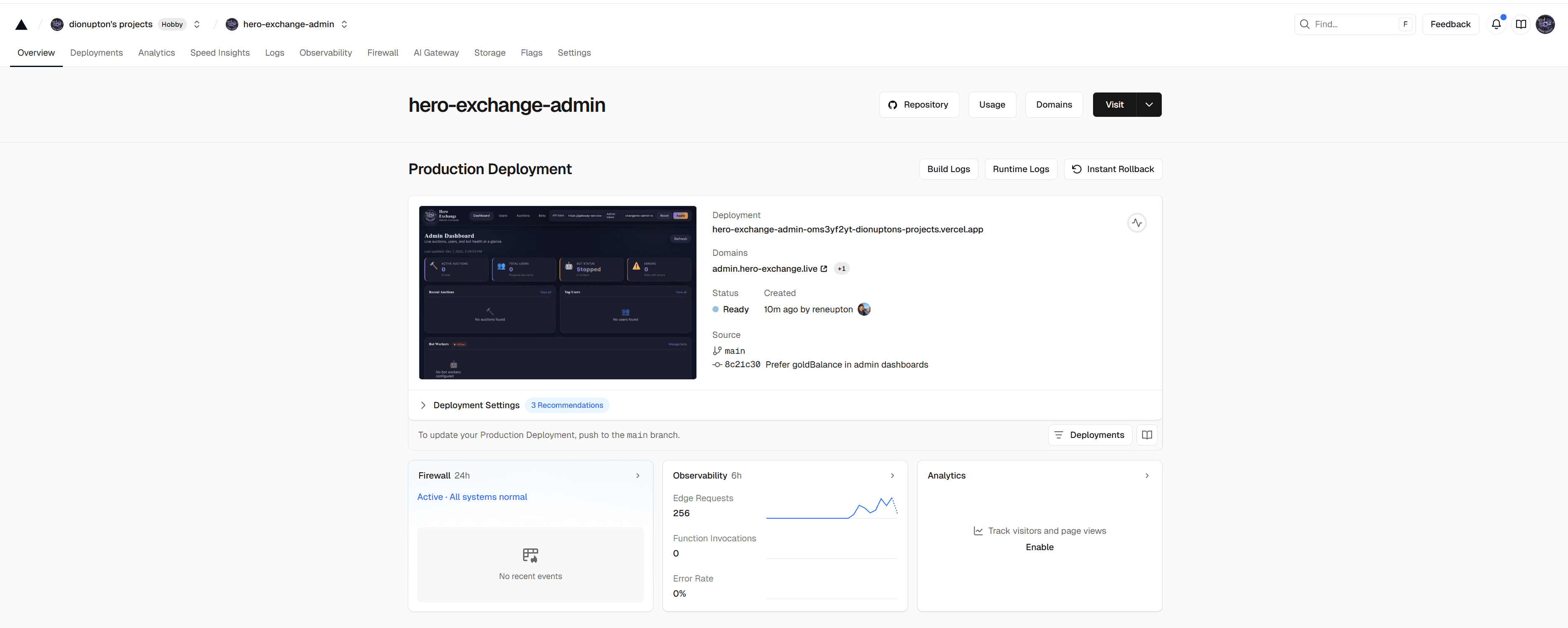 Vercel deployment dashboard for Admin Console at admin.hero-exchange.live